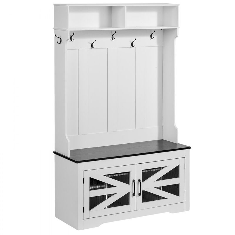 Hall Tree Bench with LED Coat Rack Shoe Storage and 7 Hooks for Entryway or Mudroom