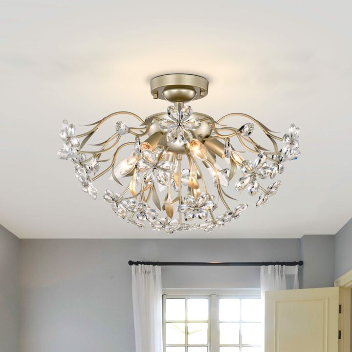 Paola 6-Light Brushed Silver-ish Champagne Daisy Flower Crystal Glass Sputnik Branch Flush Mount