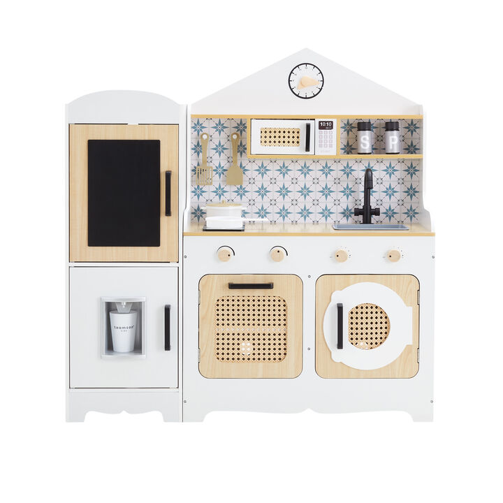 Teamson Kids Large Wooden Play Kitchen Set, White and Natural, Pretend Play kitchen, Fridge with Pretend Ice Dispenser with 11 Accessories, Little Chef Morocco