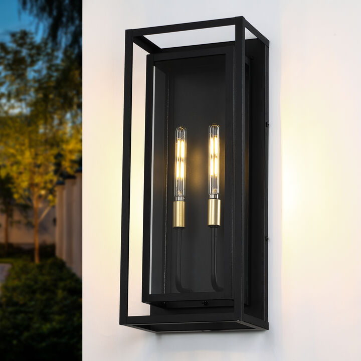20&rdquo; 2-lights Traditional Farmhouse Outdoor Wall Lantern with Clear Glass and Gold Accents