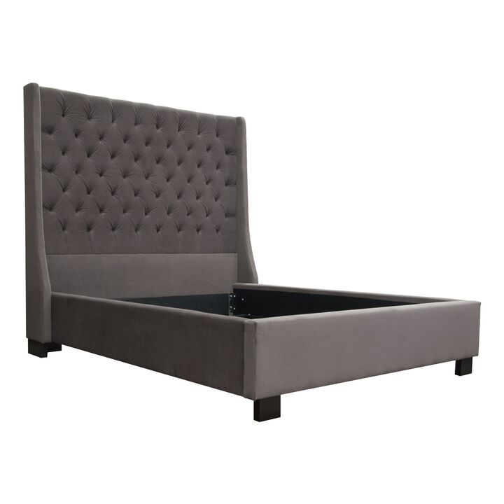 Zoa Queen Size Bed w Tufted Headboard, Smoke Gray Velvet Upholstery