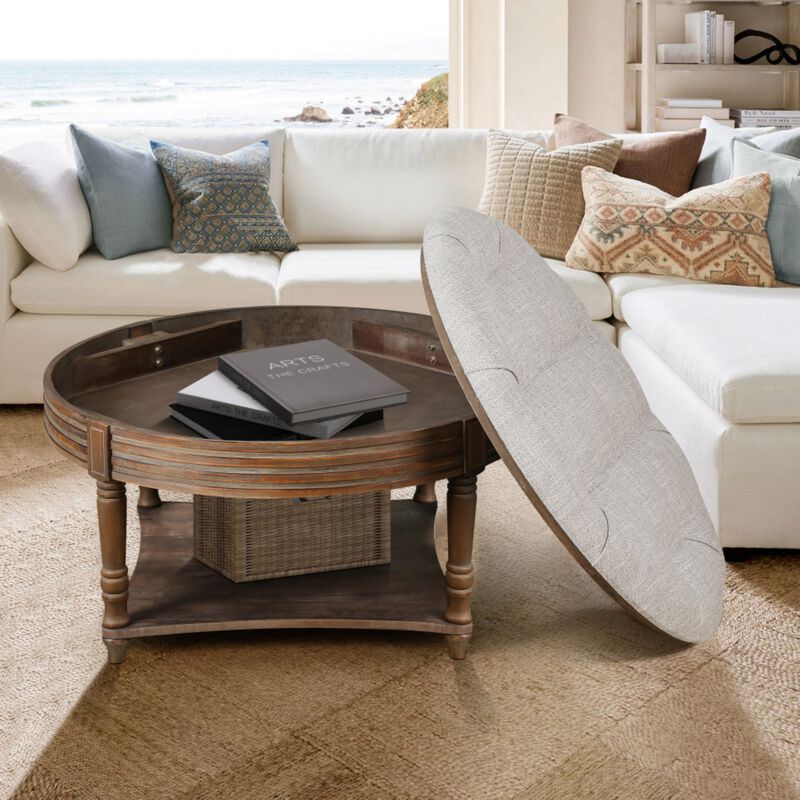 Plozup Large Round Tufted Linen Upholstered Ottoman Coffee Table image number 2