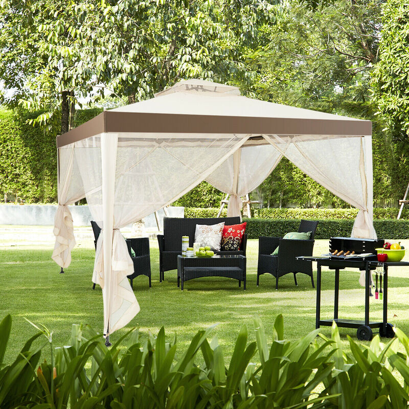 Outdoor Patio Gazebo with Insect Netting and Ventilated Double-Tier Roof