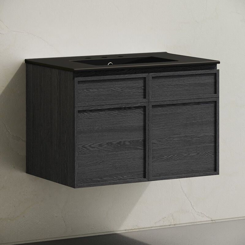 30" Wall-Mounted Bathroom Vanity in Black Oak, Black 3-Hole Widespread Sink Top image number 1