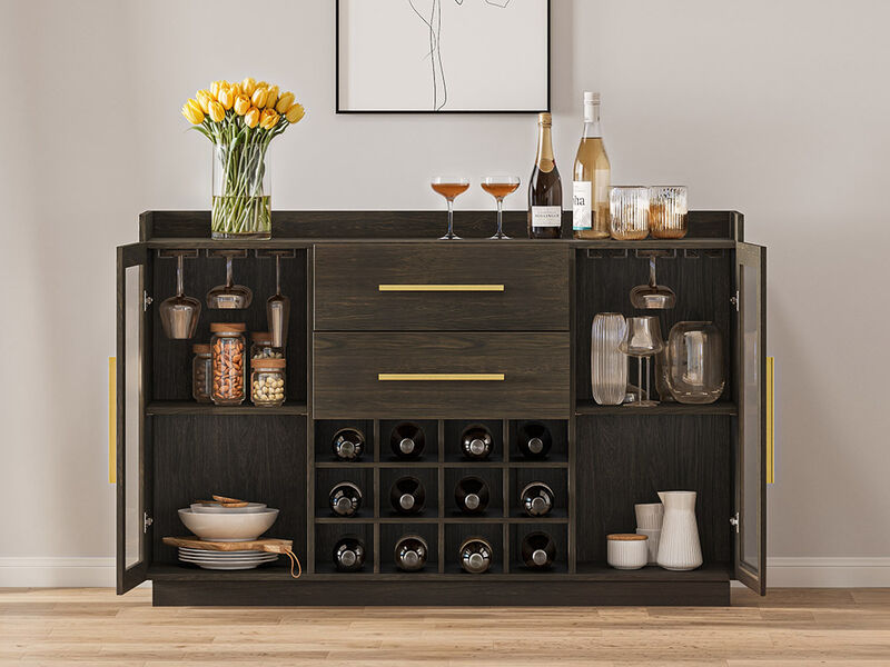 BELLEZE 55" Wine Cabinet, Sideboard Buffet with Wine Rack and Glass Holder, Home Coffee Bar Freestanding Liquor Cabinet with Display Glass Doors for Living Room, Dining Room - Marcel