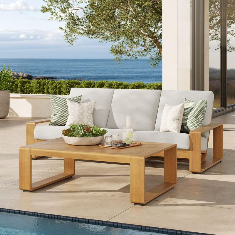Modway Lirienne Aluminum Faux Wood 2-Piece Backyard Furniture Set in Ivory Natural &ndash; Patio Conversation Set with 3 Seater Sofa & Coffee Table image number 4