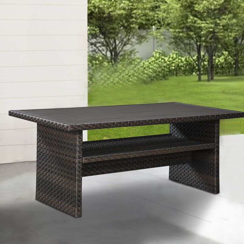 Rectangular Wicker Woven Aluminum Frame Table with Open Shelf, Dark Brown - Benzara