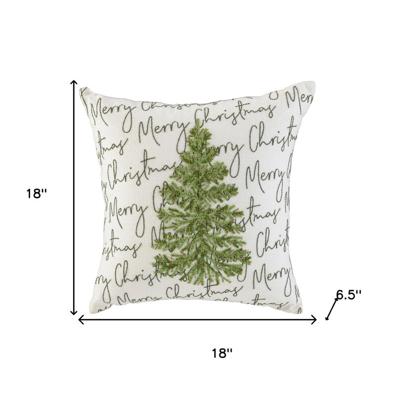 HomeRoots 18" White And Green Cotton Merry Christmas Throw Pillow With Embroidery image number 3