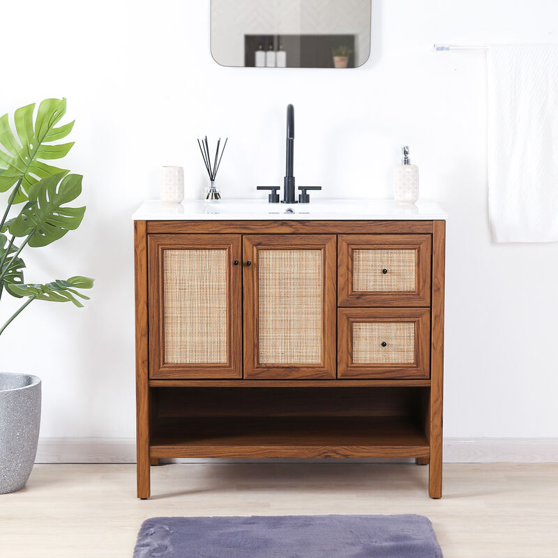Jasper 36 in. W x 18 in. D x 33 in. H Rattan Modern Coastal 2-Shelf Bath Vanity Cabinet Only (Sink Basin Not Included)