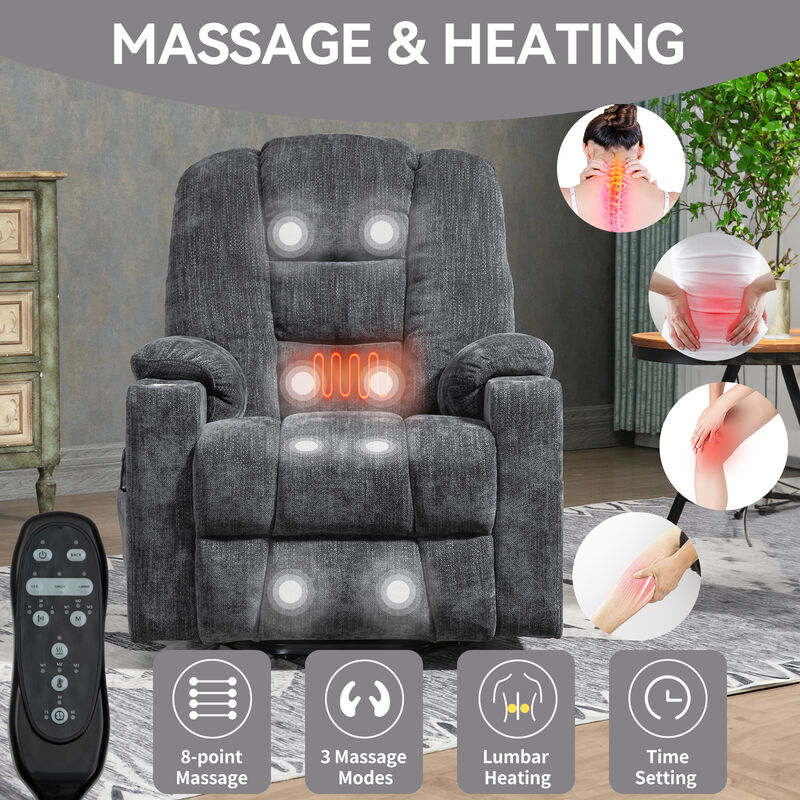 Heavy Duty Power Lift Recliner Chair for Elderly - Overstuffed Wide Seat with Massage & Heat, USB/Type-C Ports, 2 Cup Holders