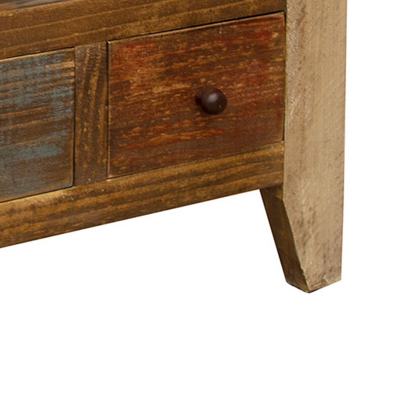 Fena 26 Inch 2 Drawer End Table, Open Shelf, Multicolor Distress Pine Wood