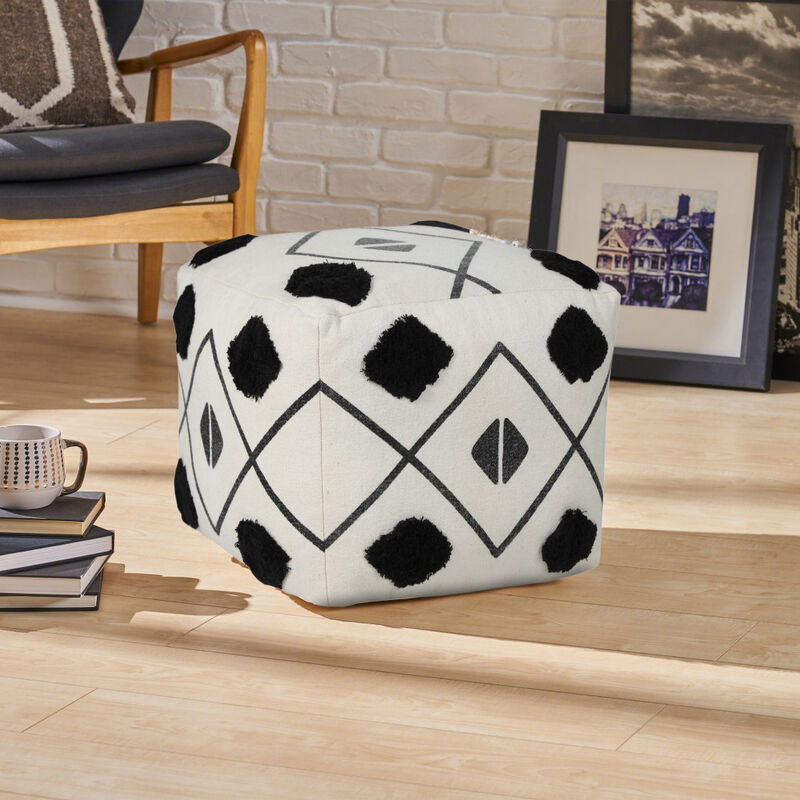 Hivvago 18 Inch White Cotton Geometric Pouf Ottoman