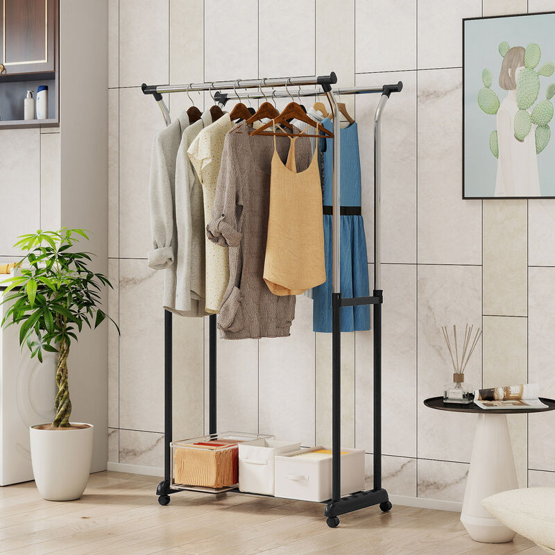 Double Rod Garment Rack with Wheels, Adjustable Height Rolling Clothes Organizer-Silver image number 1