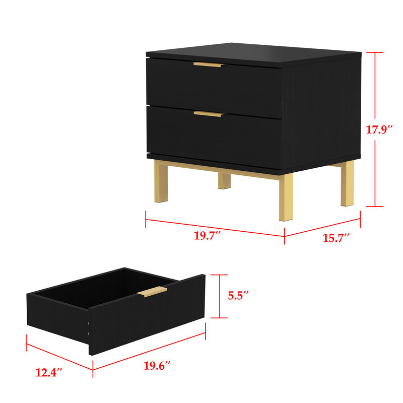 2-Drawer Black Wooden Nightstand Bedside Table With 4 Metal Legs 15.7 in. D x 19.7 in. W x 17.9 in. H