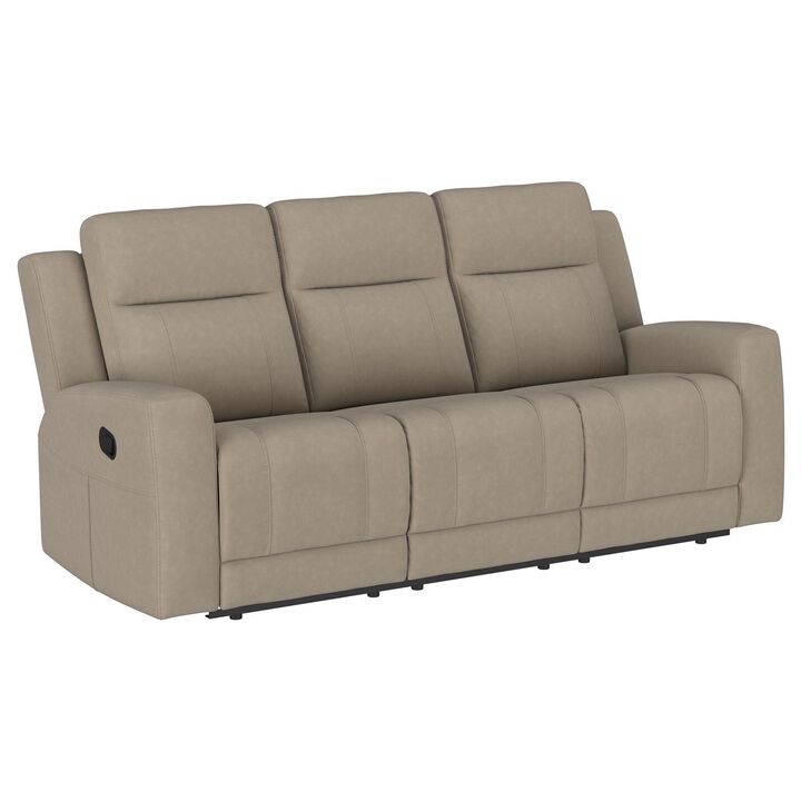 Krio Manual Recliner Sofa, 80 Inch Modern Taupe Brown Faux Leather - Benzara