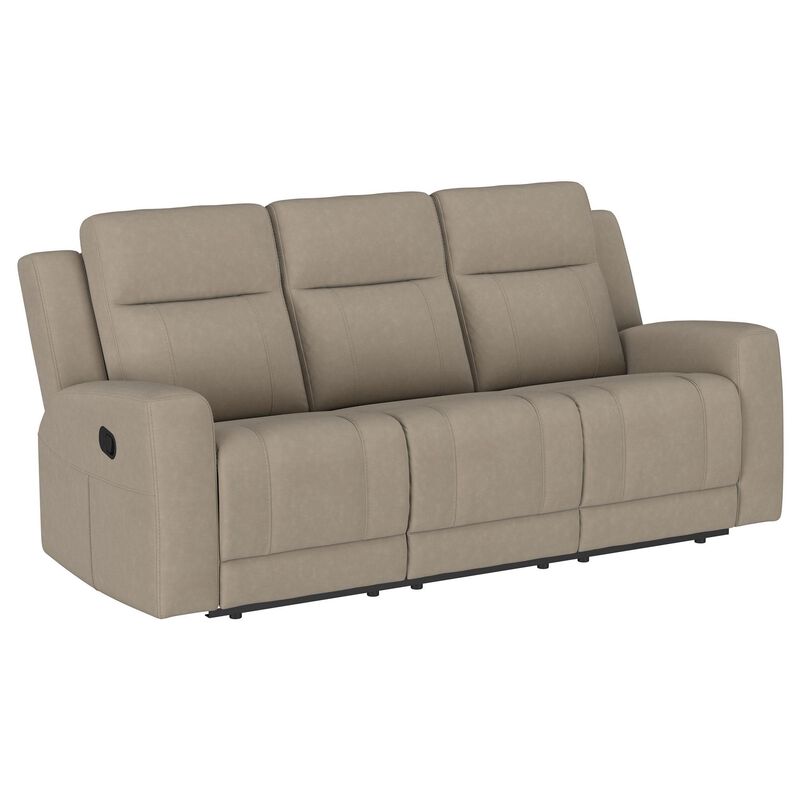 Krio Manual Recliner Sofa, 80 Inch Modern Taupe Brown Faux Leather - Benzara
