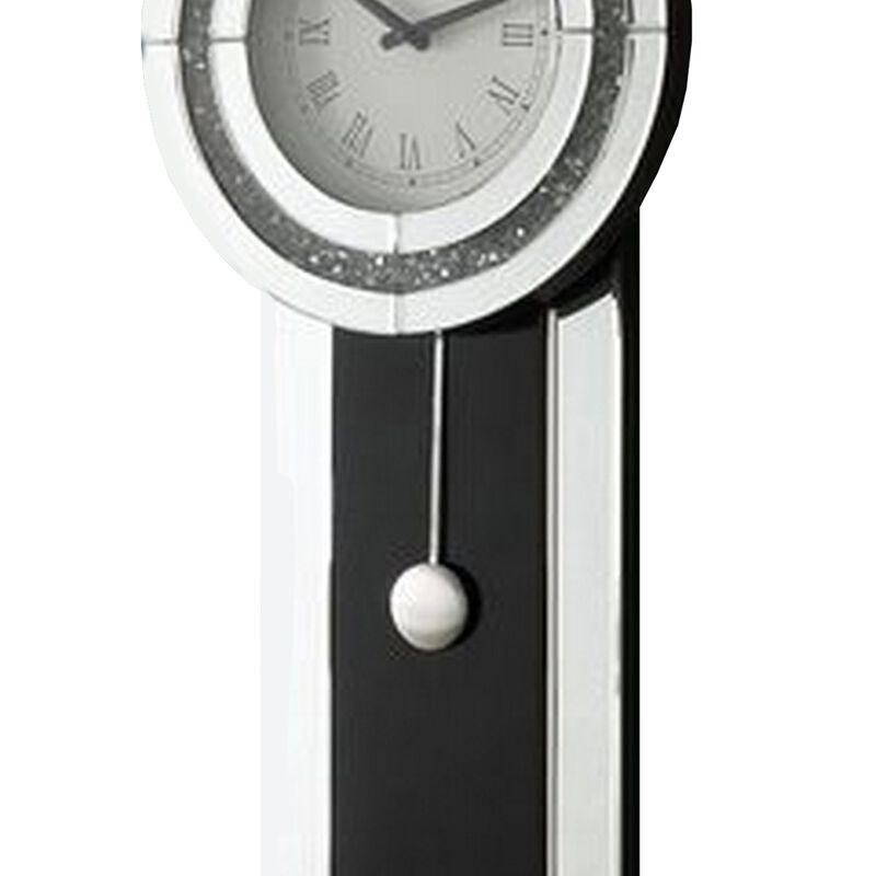 Pendulum Wall Clock with Mirror Trim and Round Shape, Silver-Benzara