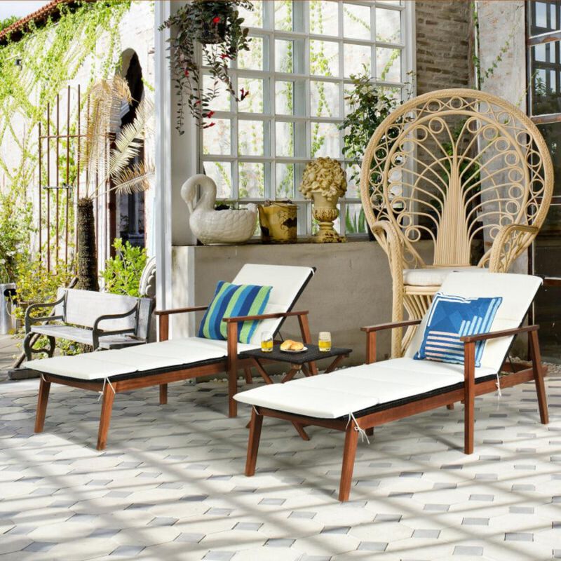 Hivvago 3 Pieces Portable Patio Cushioned Rattan Lounge Chair Set with Folding Table
