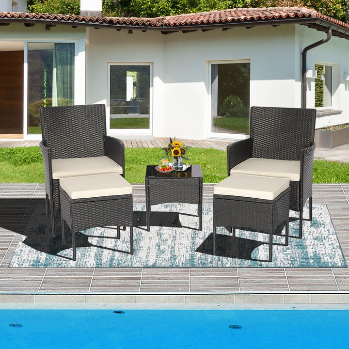 5 Pieces Outdoor Wicker Sofa Set with Coffee Table and 2 Ottomans