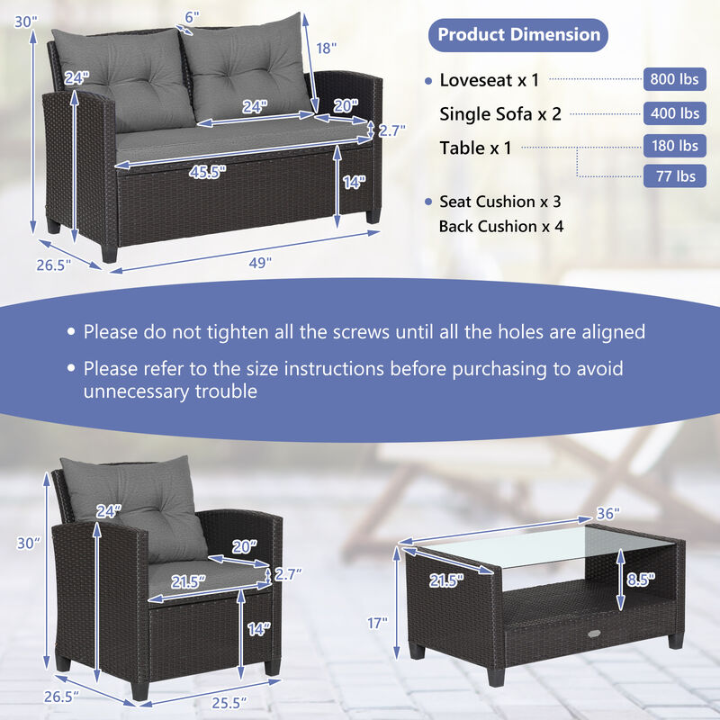 Outdoor 4-Piece Rattan Patio Furniture Set with Glass Coffee Table