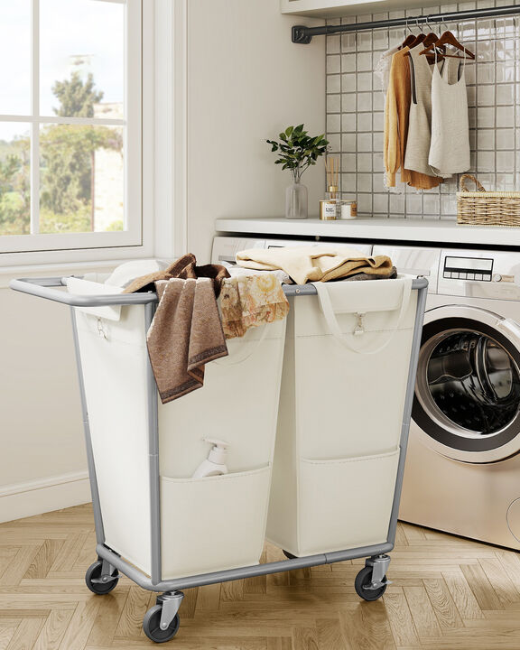 Large Rolling Laundry Hamper 50.2 Gal 2 Compartment Cream White