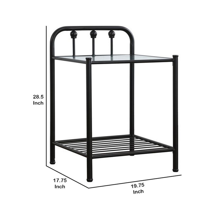 Metal Nightstand with Glass Top and Slated Open Bottom Shelf, Black-Benzara