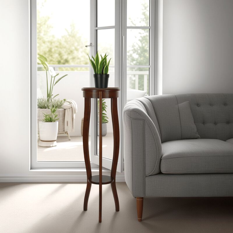 Round Pedestal Stand with Open Bottom Shelf and Flared Legs, Brown - Benzara