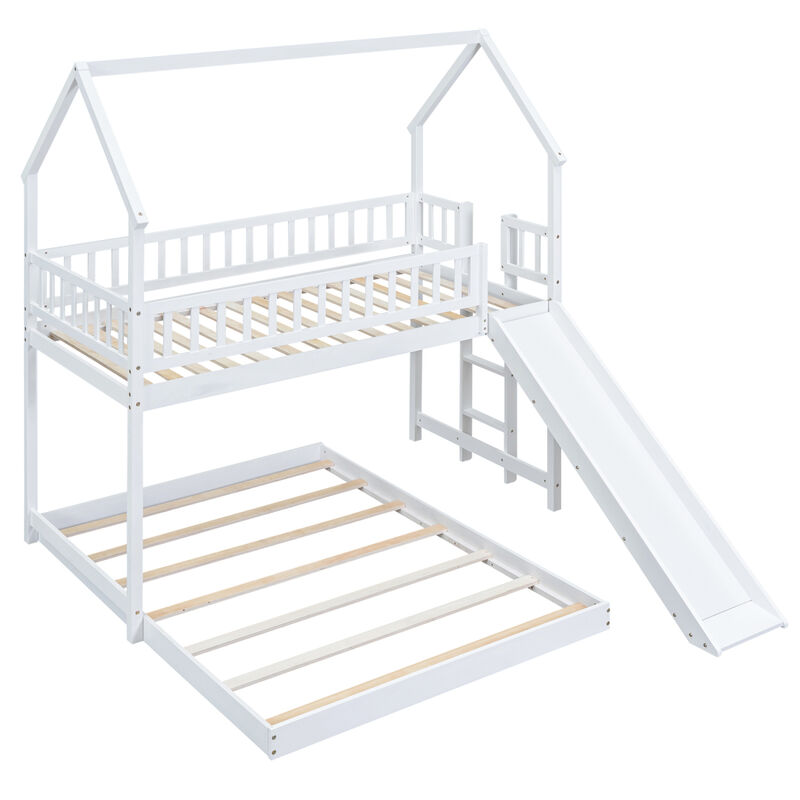 Twin Over Full House Bunk Bed With Slide And Built-In Ladder, Full-Length Guardrail, White