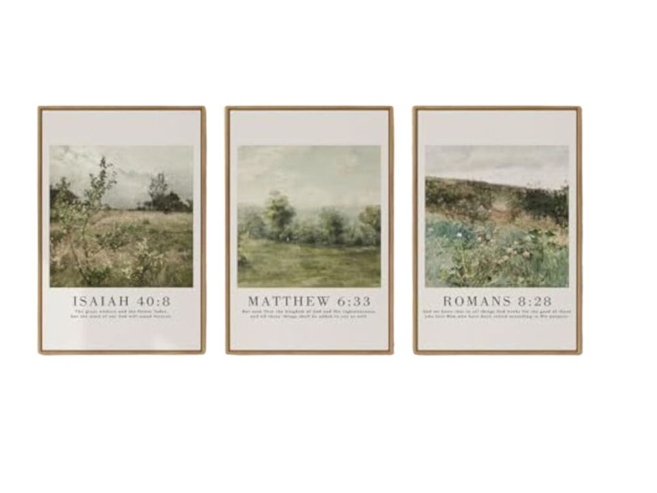Framed Vintage Christian Wall Art Set 3 Rustic Wildflower Landscape Bible Verse