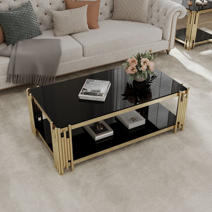 Furniture 48" Wide Rectangular Coffee Table with Black Tempered Glass Top, Golden Stainless Steel Double Layer Coffee Table for Living Room