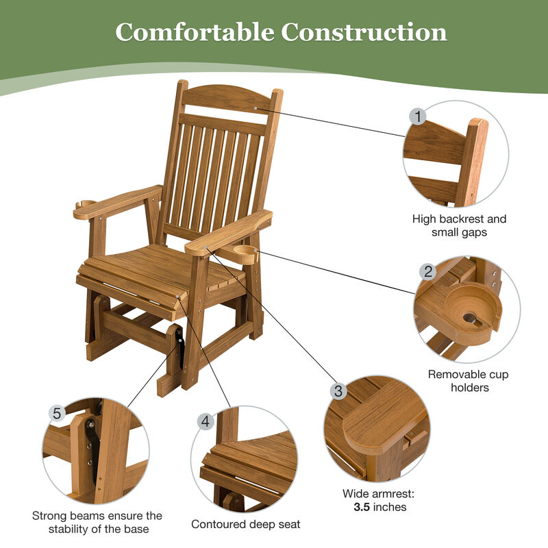 Poly Lumber Patio Glider for One Person, Ergonomic Deep Seat and High Backrest, with Removable Cup Holders, Wood-Like Pattern, Heavy Duty 700 LBS, for Outdoor Patio Garden Yard image number 5