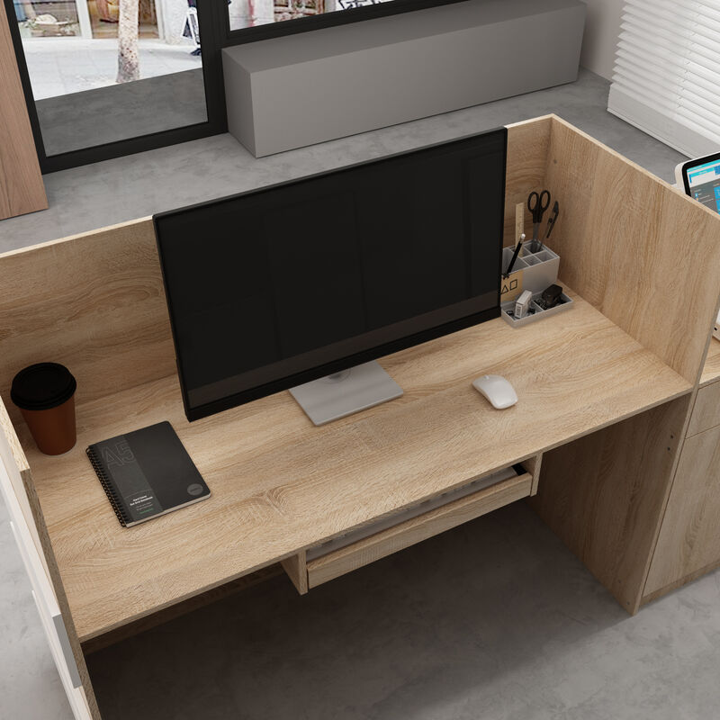 Reception Desk with Drawer & Cabinet, Reception Counter Desk with Keyboard Tray, Front Reception Table Retail Counter for Checkout, for Office Store, Oak and White, 25.2”D x 87.2”W x 47.2”H