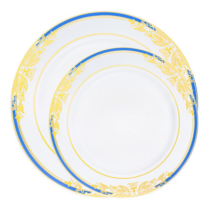 White with Blue and Gold Harmony Rim Plastic Dinnerware Value Set (40 Sets)
