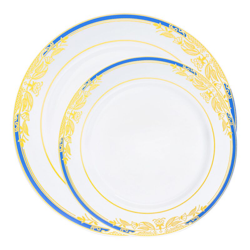 White with Blue and Gold Harmony Rim Plastic Dinnerware Value Set (40 Sets) image number 0
