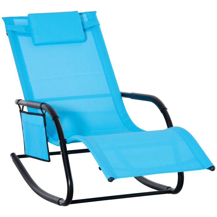 Outdoor Rocking Chair, Patio Sling Sun Lounger, Pocket, Recliner Rocker, Lounge Chair with Detachable Pillow for Deck, Garden or Pool, Blue