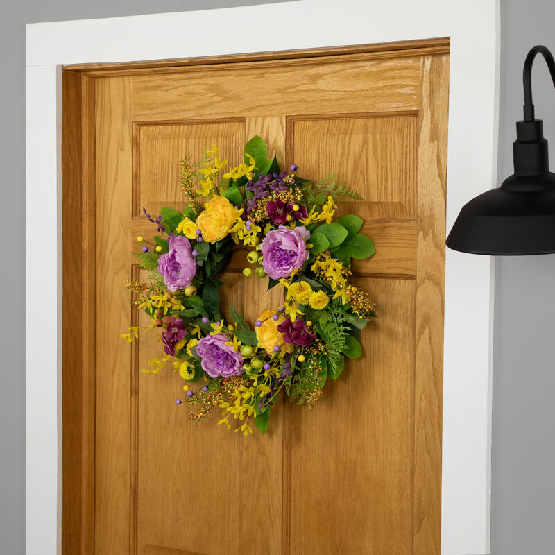 Peonies and Forsythia Spring Wreath - 24" - Yellow and Purple image number 2