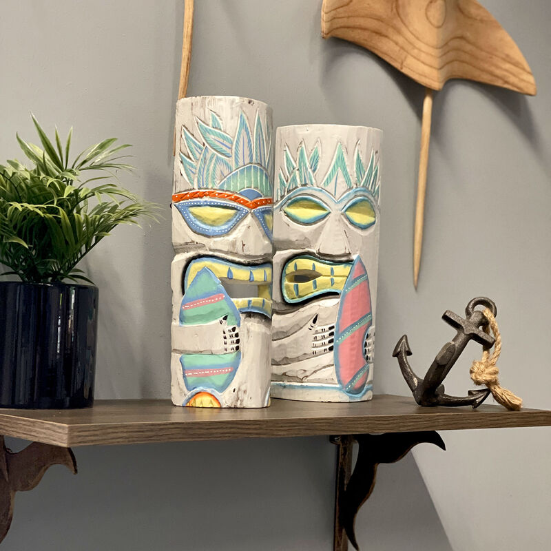 Set of 2 Pastel Surfer Tiki Masks 12" Hand-Carved Wooden Wall Decor Art image number 5
