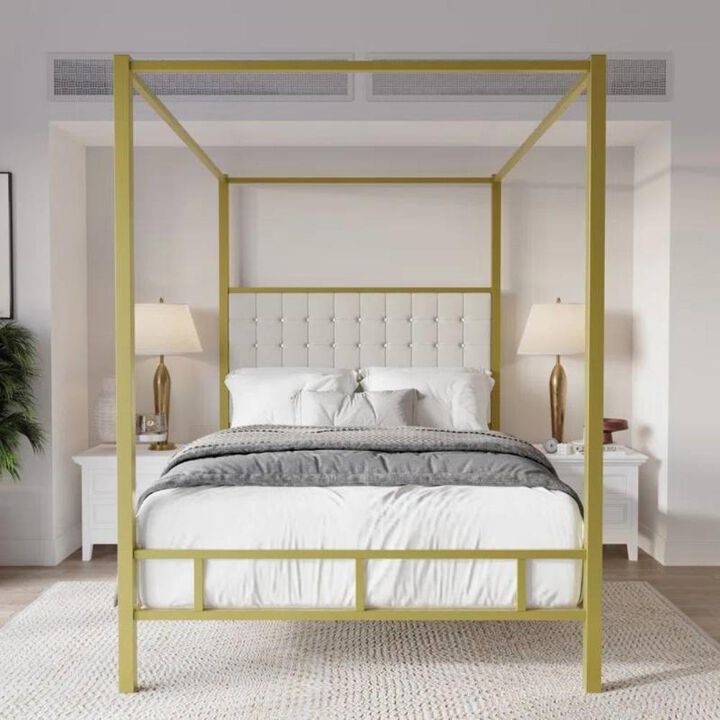 Hivvago King size Gold Metal Canopy Bed with Upholstered Button-Tufted Headboard