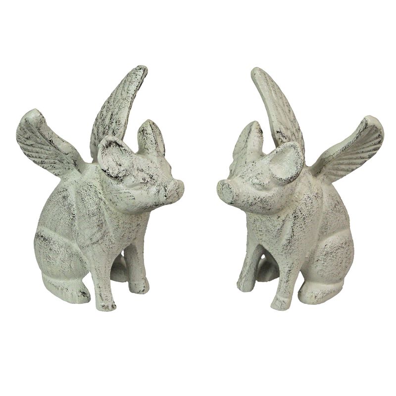 Set of 2 Cast Iron Distressed White Flying Pig Bookends Rustic Decorative Home image number 0