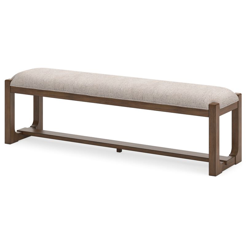 Cabal Large Dining Bench, Padded Beige Polyester, Brown Wood, 64 Inch - Benzara