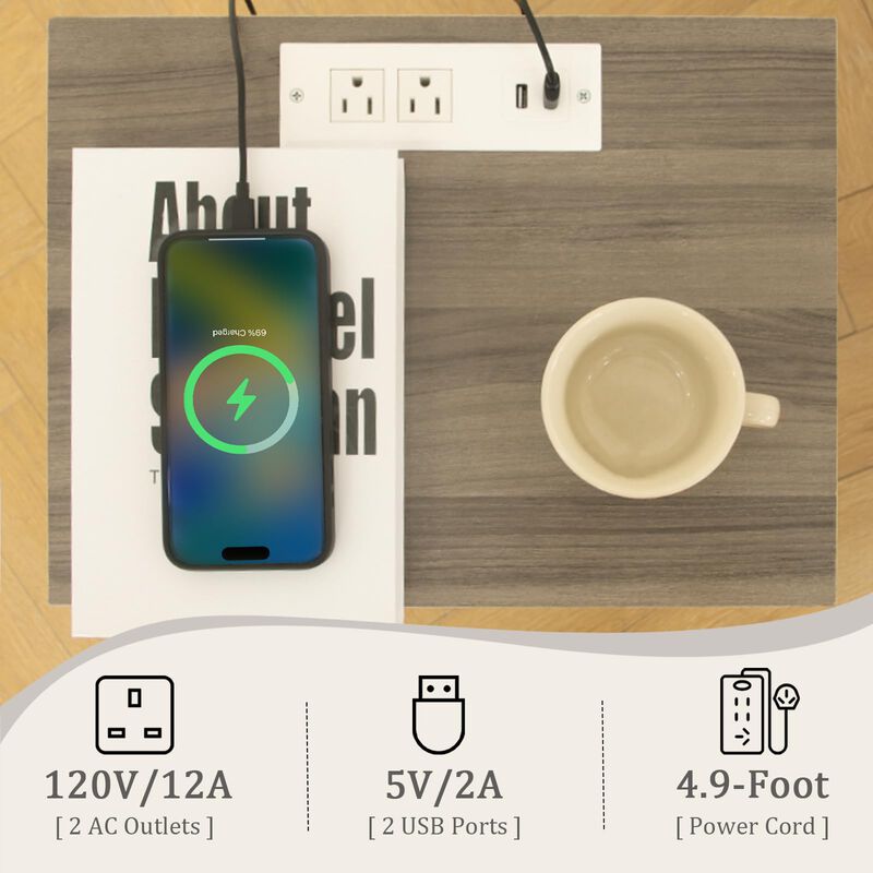 Fultyle Grey Wood Nightstand with Charging Station, Modern Bedside Table with Fluted Drawers and Storage Shelf, End Side Tables