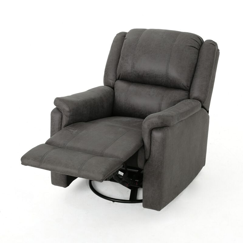 Swivel Manual Reclining Chair, Pillow Cushions, Smooth Gray Fabric - Benzara