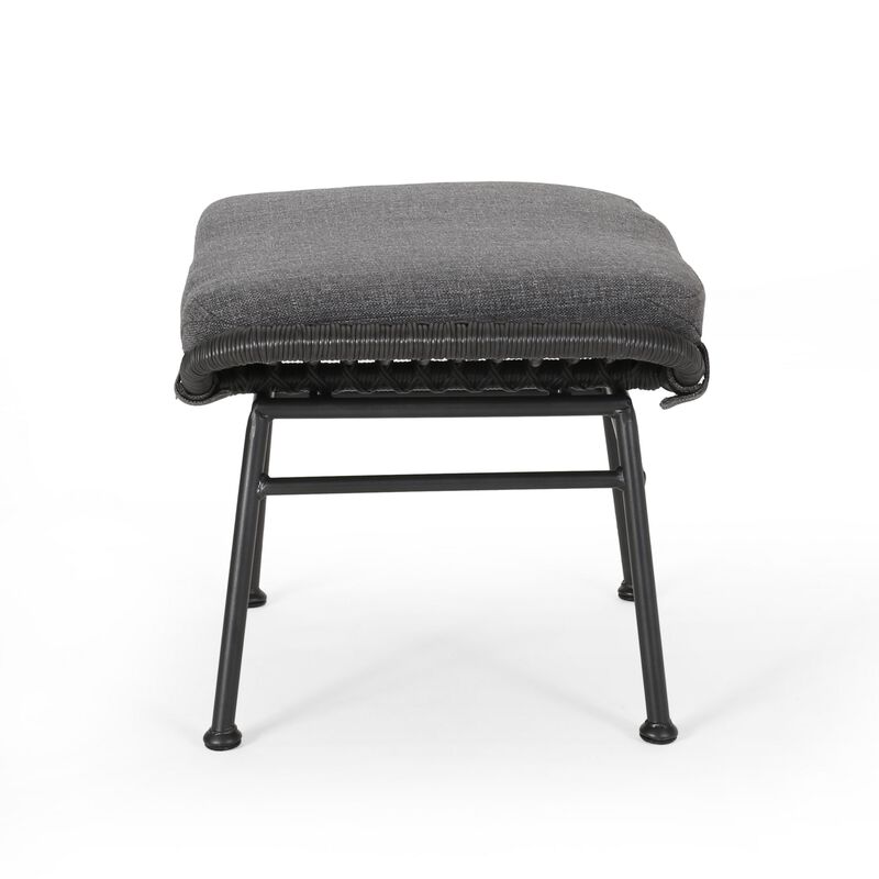 Margo Outdoor Ottoman Set of 2, 24 Inch Black Iron, Gray Cushion - Benzara