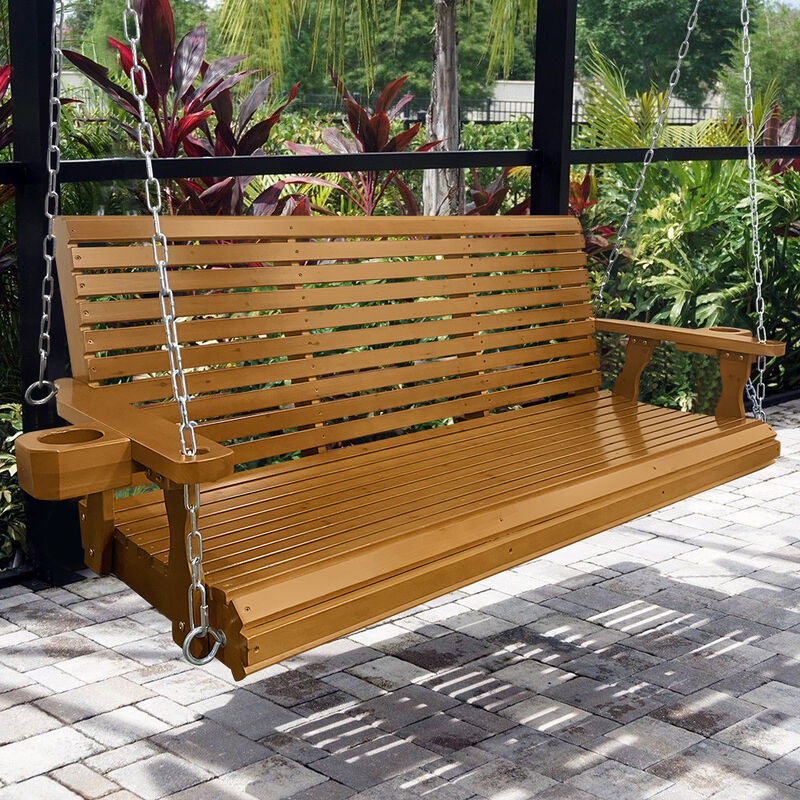Wooden Porch Swing 3-Seater, Bench Swing with Cupholders, Hanging Chains and 7mm Springs, Heavy Duty 800 LBS, for Outdoor Patio Garden Yard, Brown-5 feet Extra Large