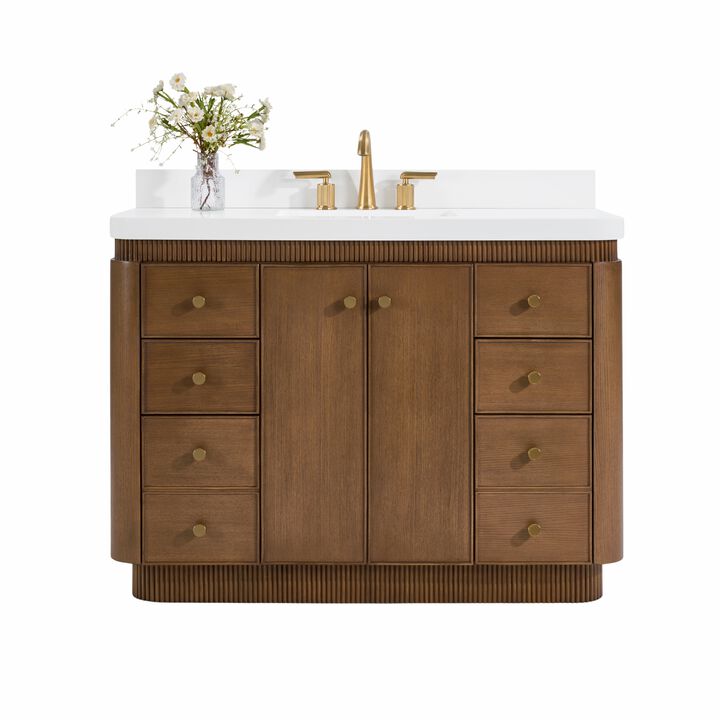 Aston 48 inch Bath Vanity Set in Chestnut Oak Finish with Alpine White Quartz Top