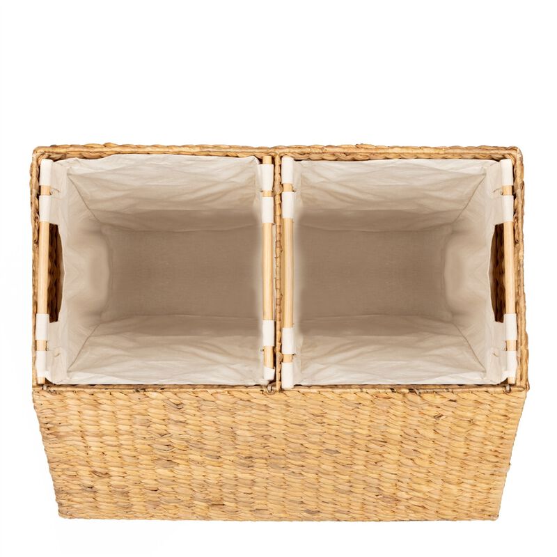Natural Handwoven 2-Bin Laundry Hamper with Removable Liners and Carry Handles
