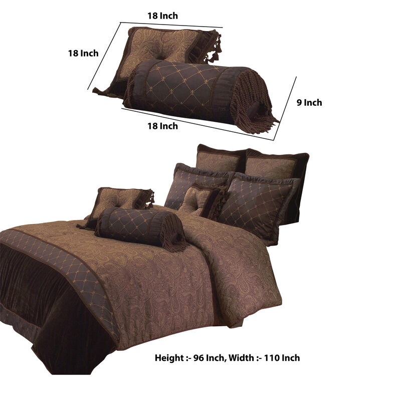 10 Piece King Polyester Comforter Set with Paisley Pattern Design, Brown - Benzara