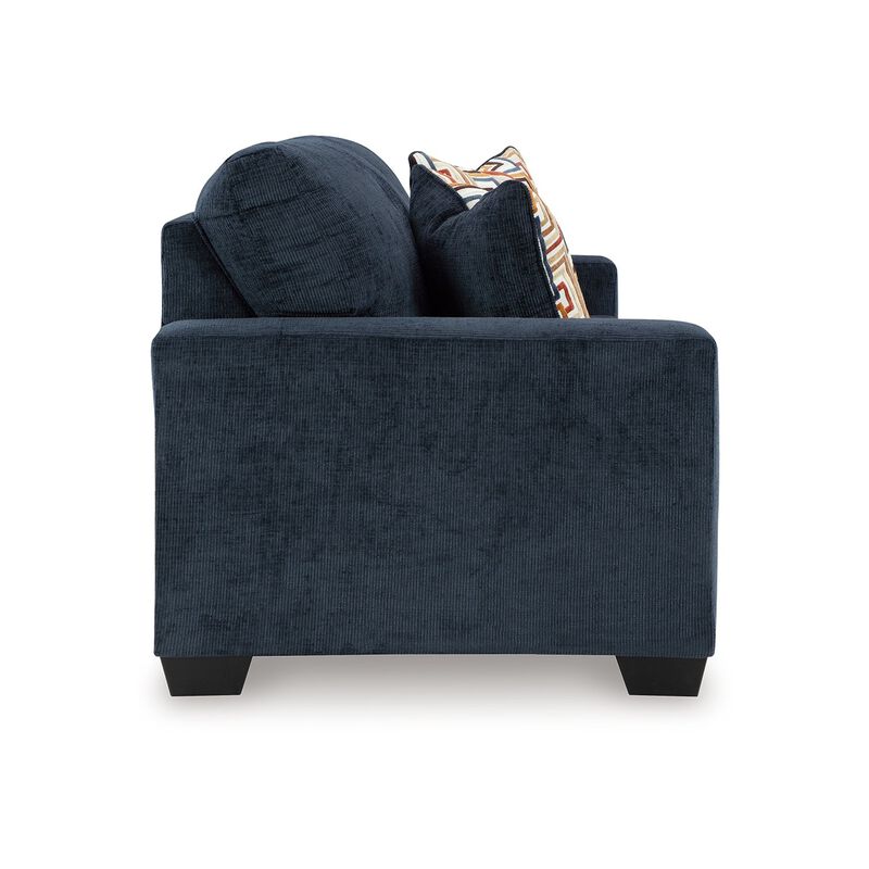 Avie Sofa, 2 Accent Pillows, 85 Inch, Black, Soft Navy Blue Polyester - Benzara
