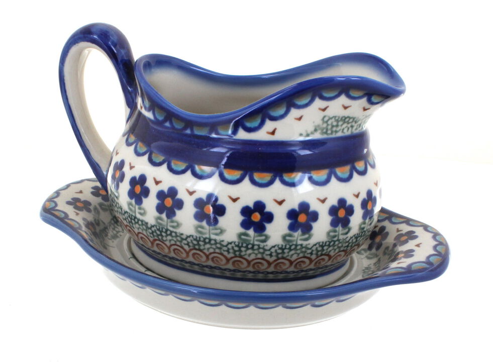 Blue Rose Polish Pottery Savannah Gravy Boat & Plate