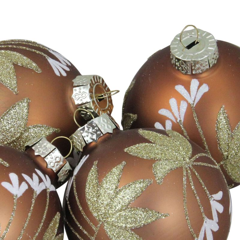 4ct Brown and Gold 2-Finish Floral Glass Christmas Ball Ornaments 3.25" (80mm) image number 2